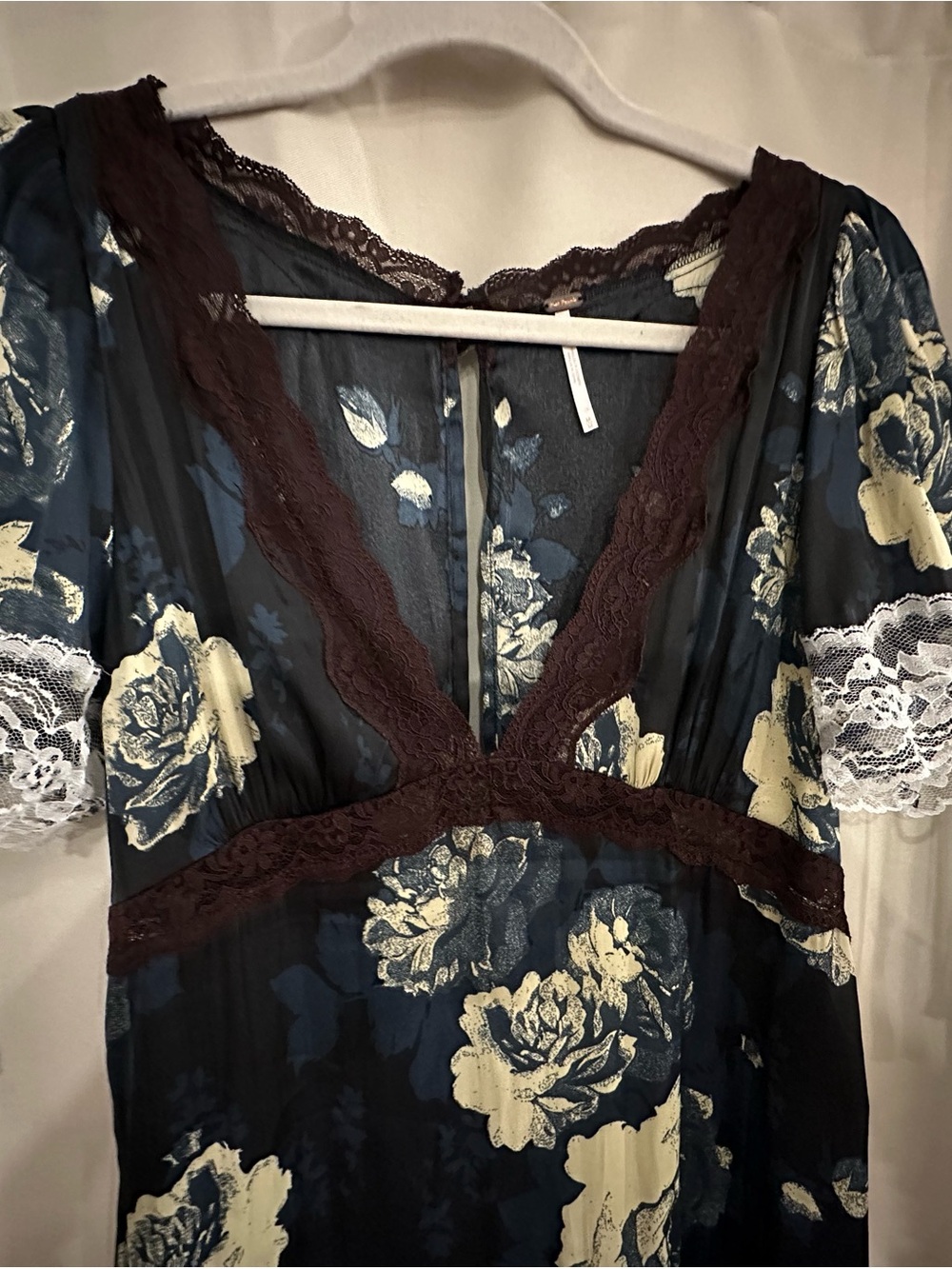 Free People Navy Floral Satin Lace-Trim Mini Dress - Picture 3 of 7